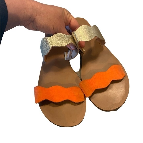 J.Crew Scalloped gold Metallic and orange Leather Sandals slides - Picture 7 of 10